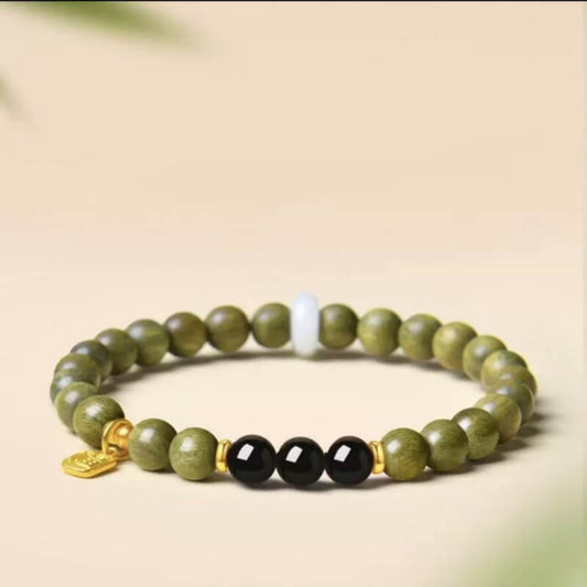LuckyCharms Fortune Pendant Obsidian Bead Green Sandalwood Blessing Beaded Bracelet