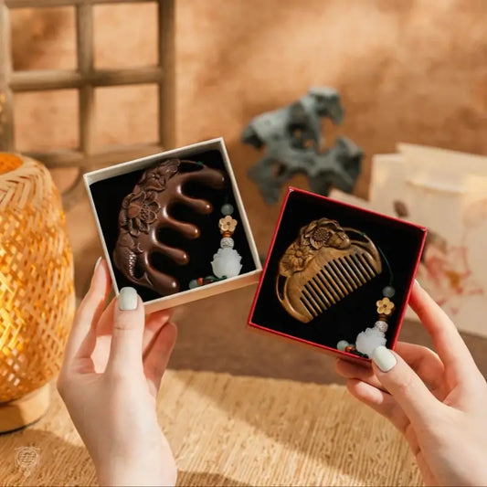 Carved Wooden Comb Gift Set with Lotus Gift Box & Tote Bag