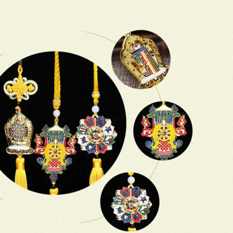 Tibetan Buddhist hanging ornaments showcasing detailed close-ups of colorful enamel emblems and intricate metal craft.