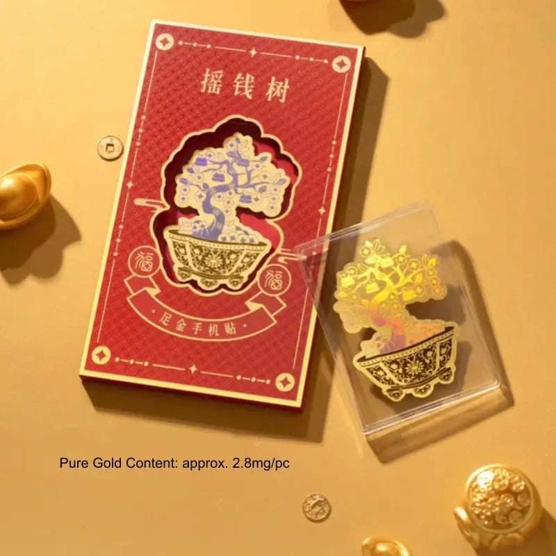 Red Chinese gift envelope package and gold foil money tree sticker with gold ingots.