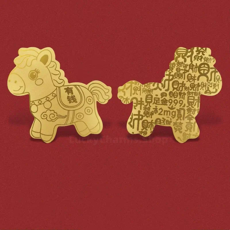 Front and back of horse-shaped 999 fine gold phone sticker charm with Chinese wealth symbols.