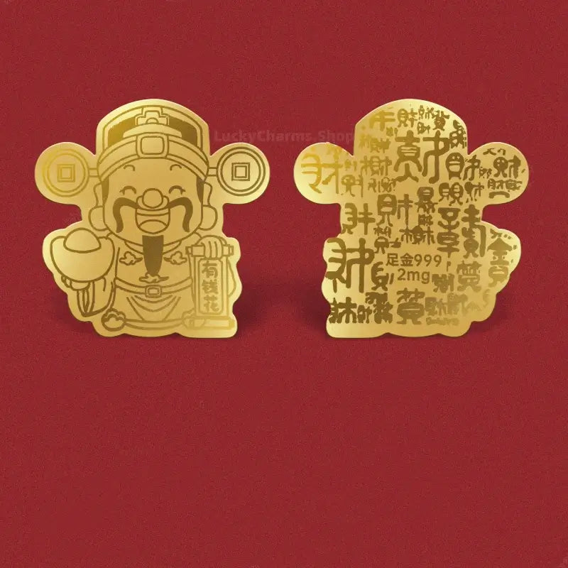 God of Wealth 999 fine gold phone sticker charm showing front design and back script pattern.