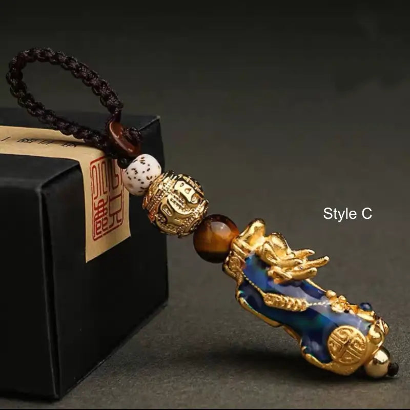 Solid Brass Gold-Plated Pixiu Keychain | Six-Syllable Mantra Beads, 3 Styles-LuckyCharms.Shop