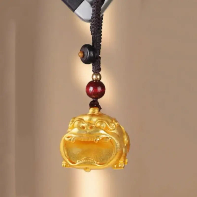24K gold-plated brass big-mouthed Pixiu keychain charm with hand-woven cord and beads.