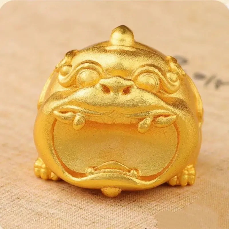 Front view close-up of 24K gold-plated brass big-mouthed Pixiu wealth charm bead.
