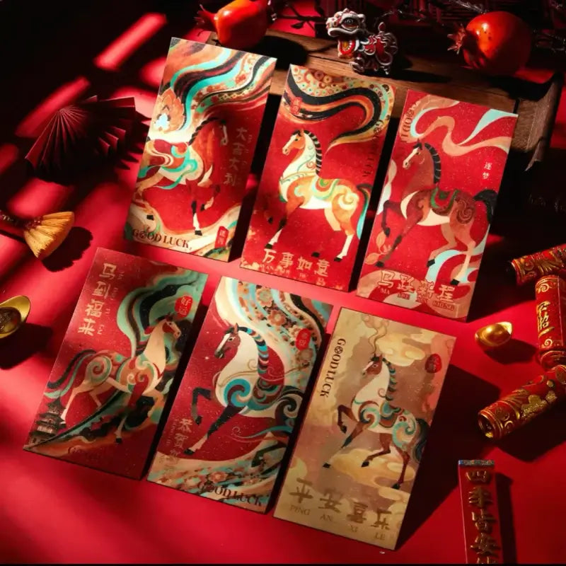 Set of 6 colorful Year of the Horse red envelopes with artistic Dunhuang mural style horse illustrations.