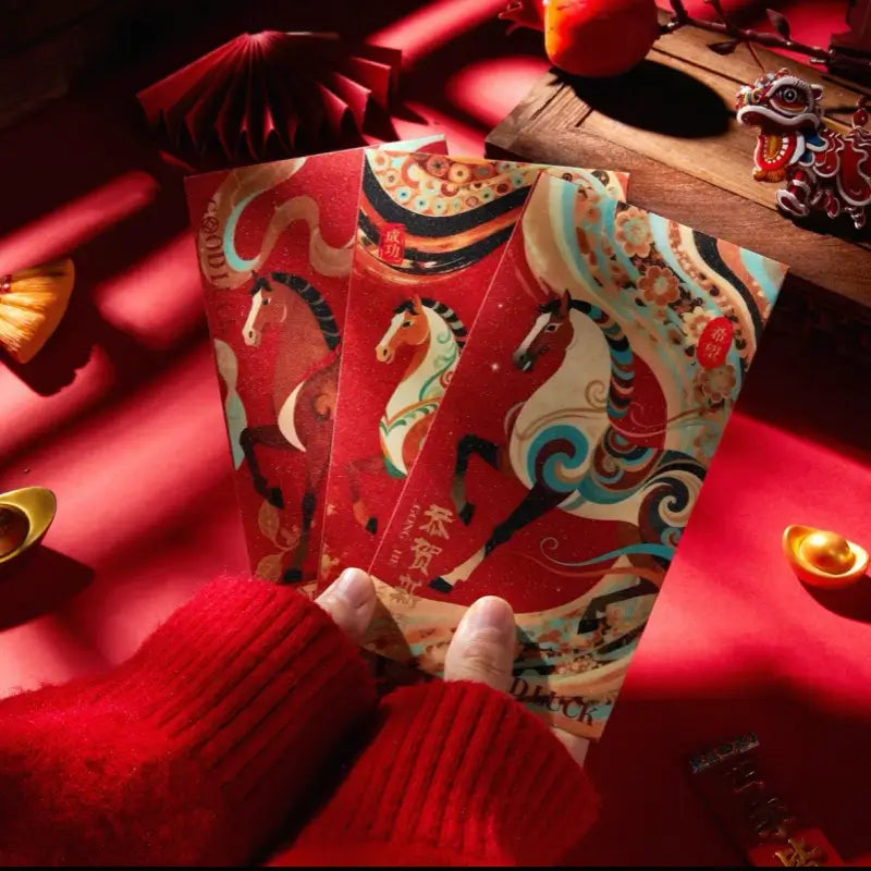 Hands holding three Chinese New Year red envelopes decorated with colorful galloping zodiac horse artwork.