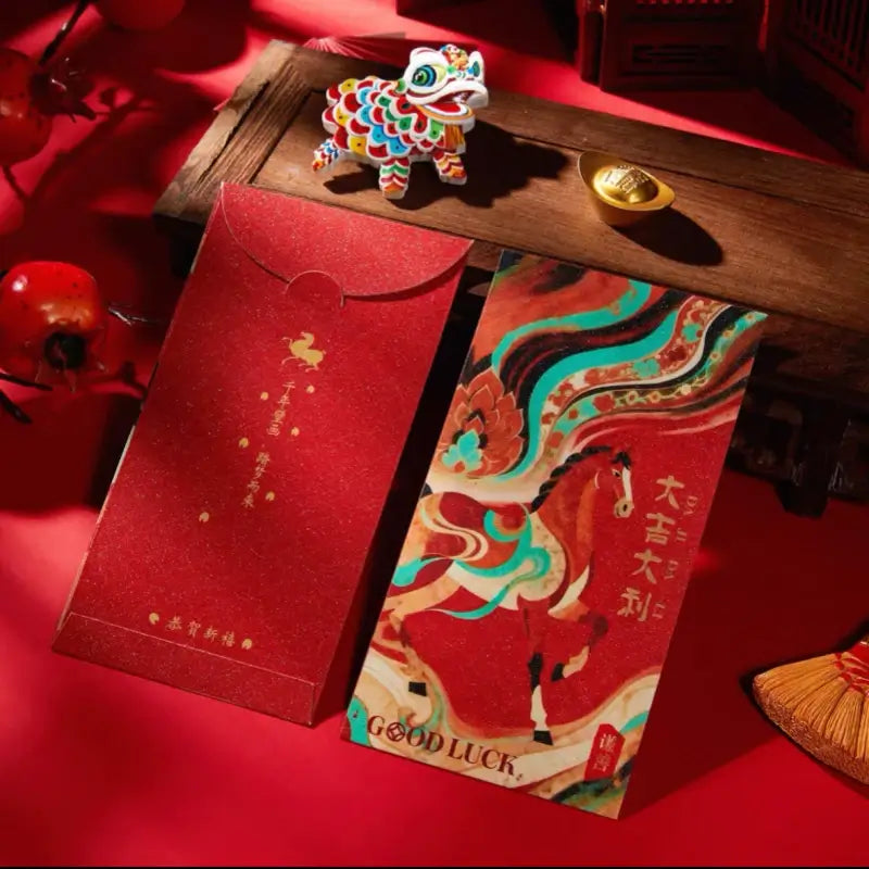 Front and back view of red packet featuring vibrant Horse illustration, gold foil stamps, and back flap closure.