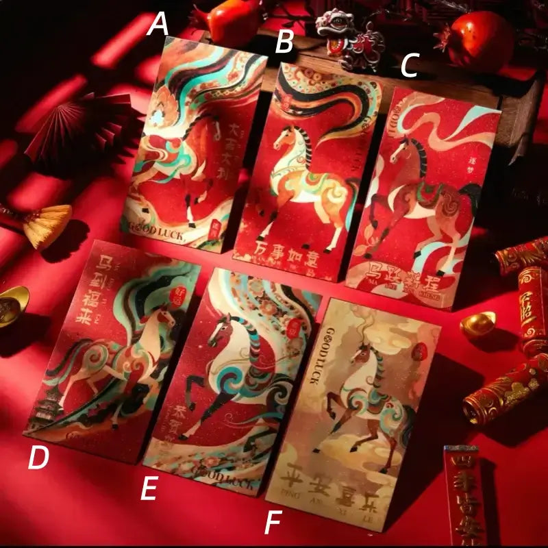 Labeled collection A to F showing 6 Year of the Horse red envelopes with Dunhuang artistic horse paintings.