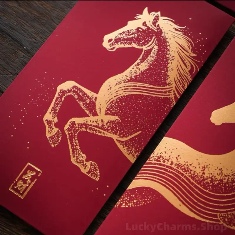 Close-up of gold foil textured horse artwork and Chinese seal character on luxury red envelope.