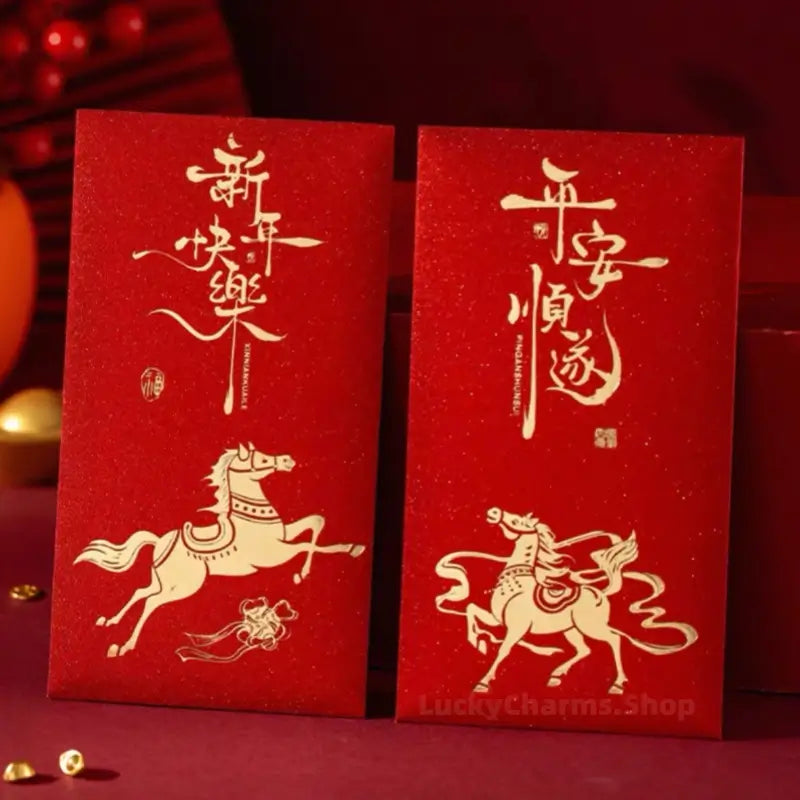 Pair of glitter red envelopes stamped with gold Chinese calligraphy and dynamic galloping horse designs.
