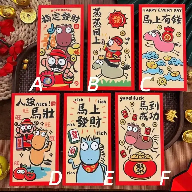 6 cute Year of the Horse red envelopes labeled A to F with cartoon horses and Chinese lucky blessings on a tray.