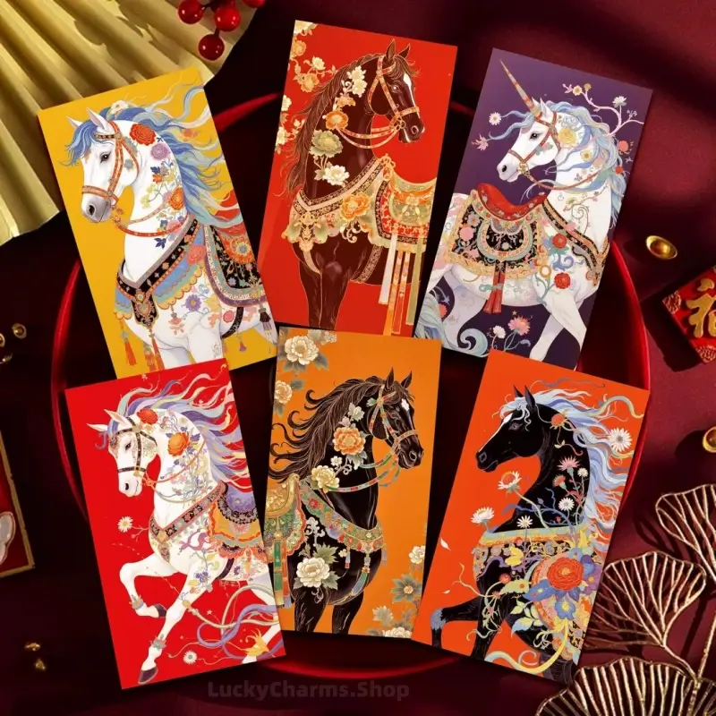 Collection of 6 Year of the Horse red envelopes featuring artistic horse illustrations and floral patterns.