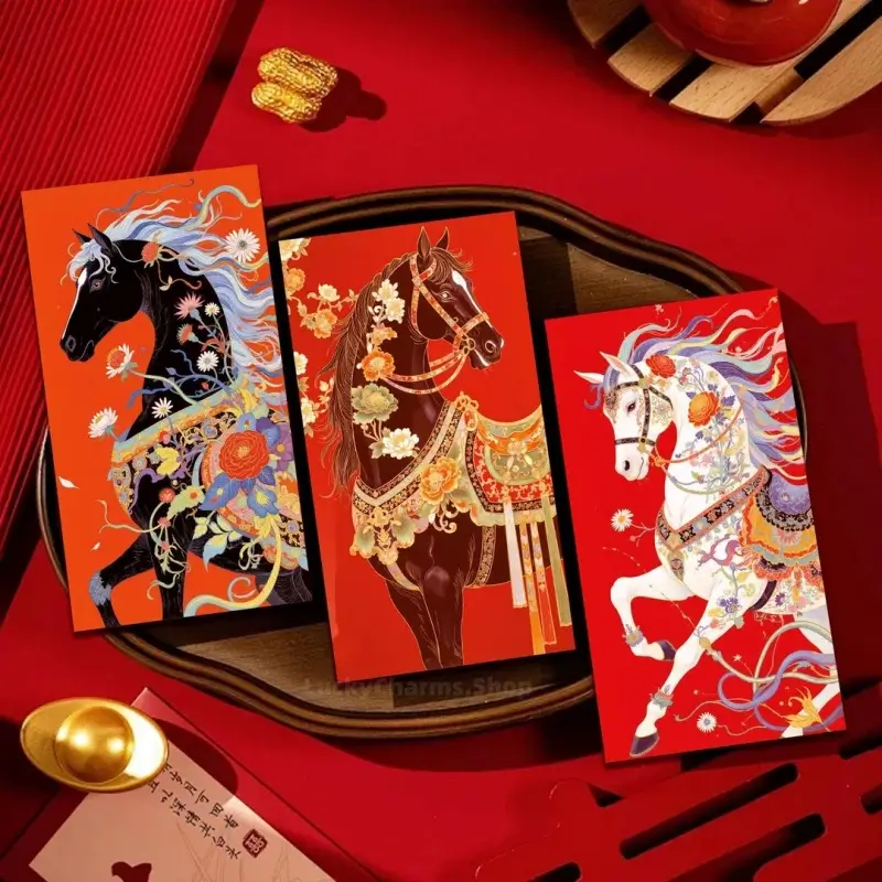 Three Chinese New Year red money envelopes with illustrated black and white horses displayed on a tray.