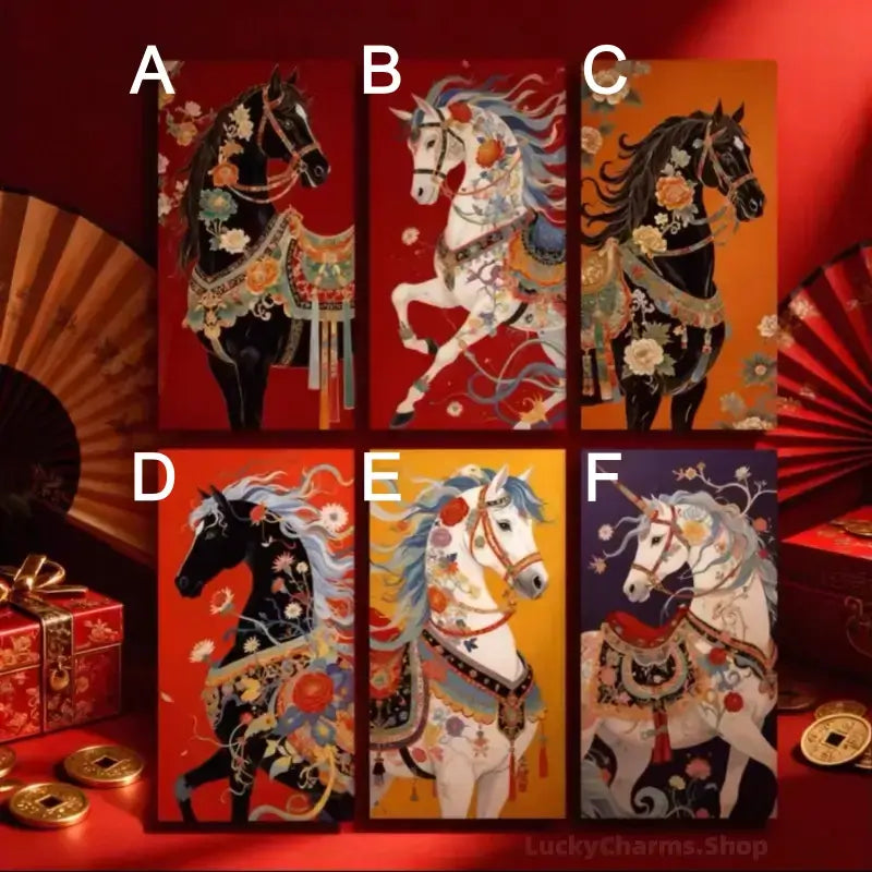 Six labeled Year of the Horse red envelope style options (A to F) featuring ornate traditional horse art.