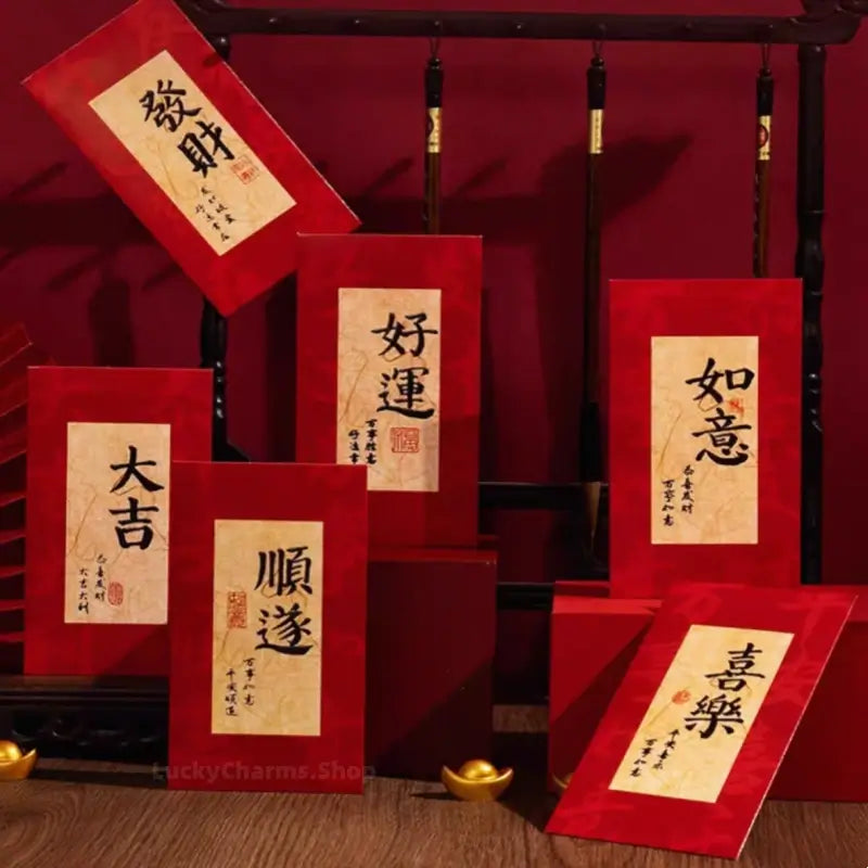 Collection of traditional red envelopes featuring printed Chinese calligraphy blessings arranged on display.