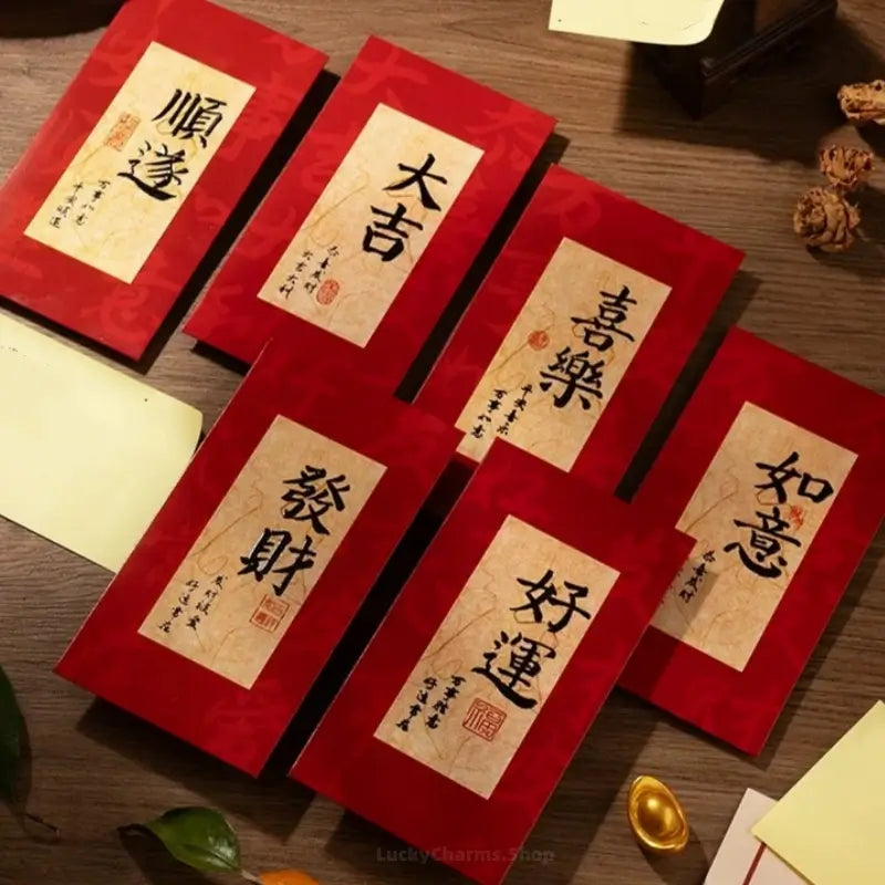 Top-down view of six Chinese calligraphy style red money envelopes with auspicious blessings on wooden surface.
