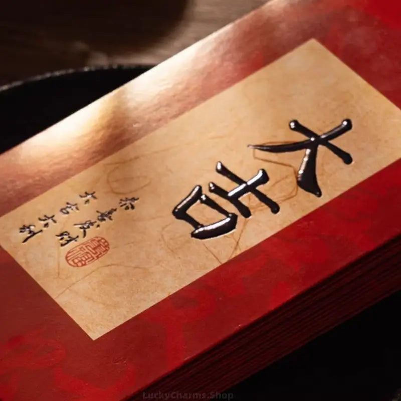 Detail shot of raised black calligraphy lettering and red seal stamp on traditional Chinese red envelope.