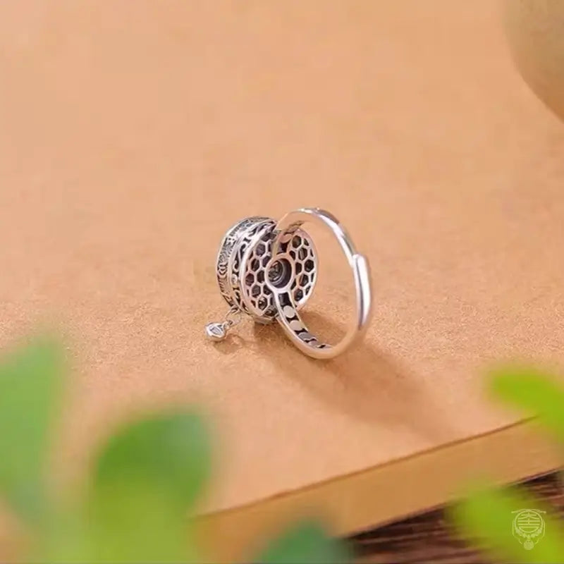 Spinning Mantra Lotus & Blue Water Jade Ring | 925 Sterling Silver Adjustable Band