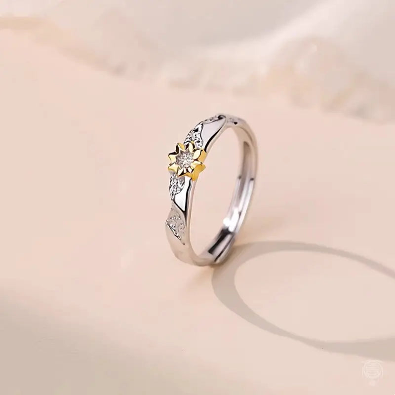 Bagues ouvertes assorties soleil et lune en argent sterling S925 pour couples – Deux tons
