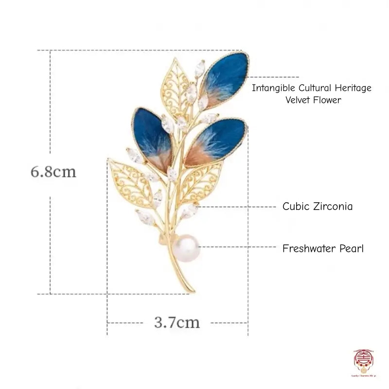 Broche feuille en velours de soie Héritage - Épingle filigrane et perle d'eau douce