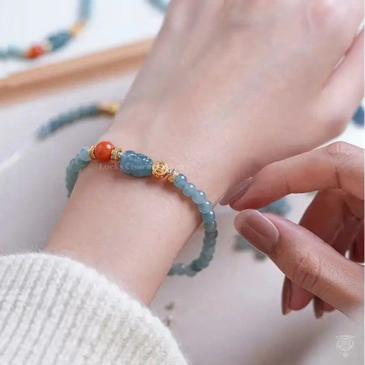 Blue Water Jadeite Pixiu Bracelet - Red Jadeite & Gold Accent Strand