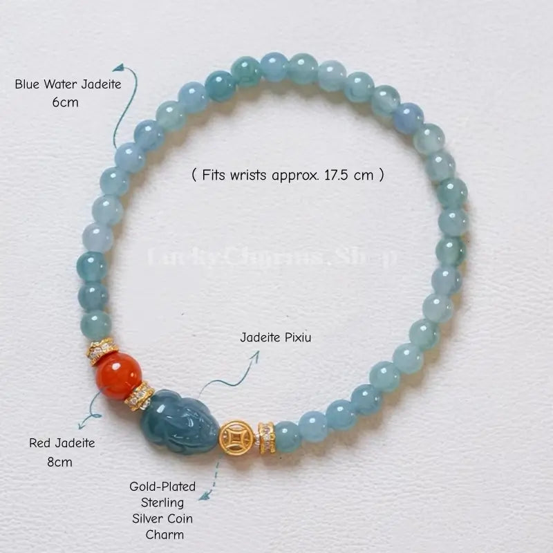 Blue Water Jadeite Pixiu Bracelet - Red Jadeite & Gold Accent Strand
