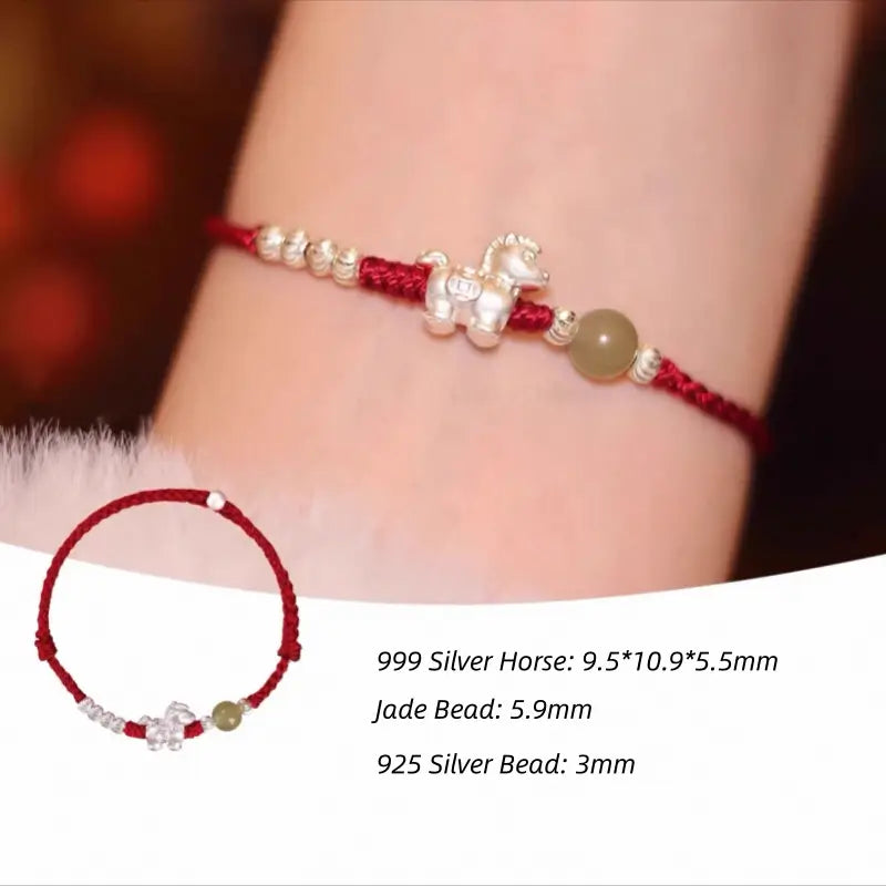 Handcrafted red string bracelet with 999 fine silver Horse charm, jade bead, and 925 silver spacer beads.