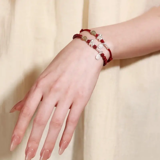 Horse Treading on Good Fortune Natural Cinnabar 999 Fine Silver Horse Red Bracelet & Beaded Bracelet Set