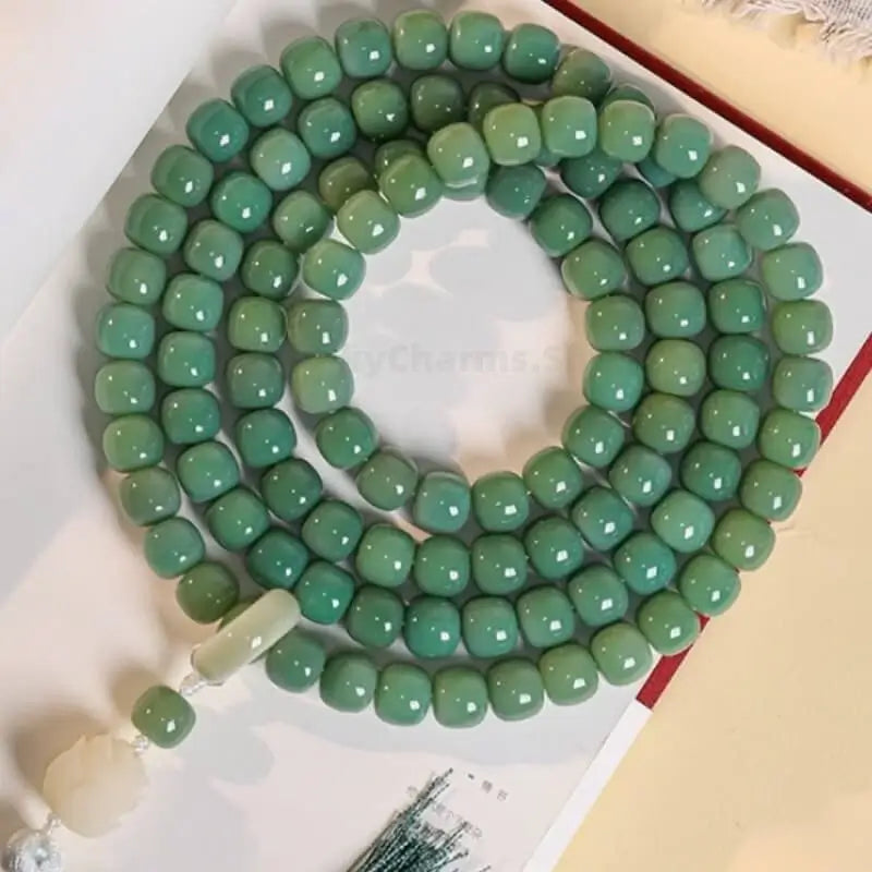 Natural Green White Jade Bodhi 108-Bead Bracelet | Lotus Pendant Mala for Daily Wear & Meditation-LuckyCharms.Shop