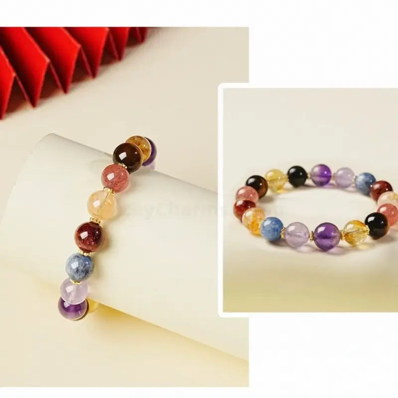 A collage image displaying the 9mm multi-color natural gemstone mindfulness bracelet from two different elegant angles against a neutral background.