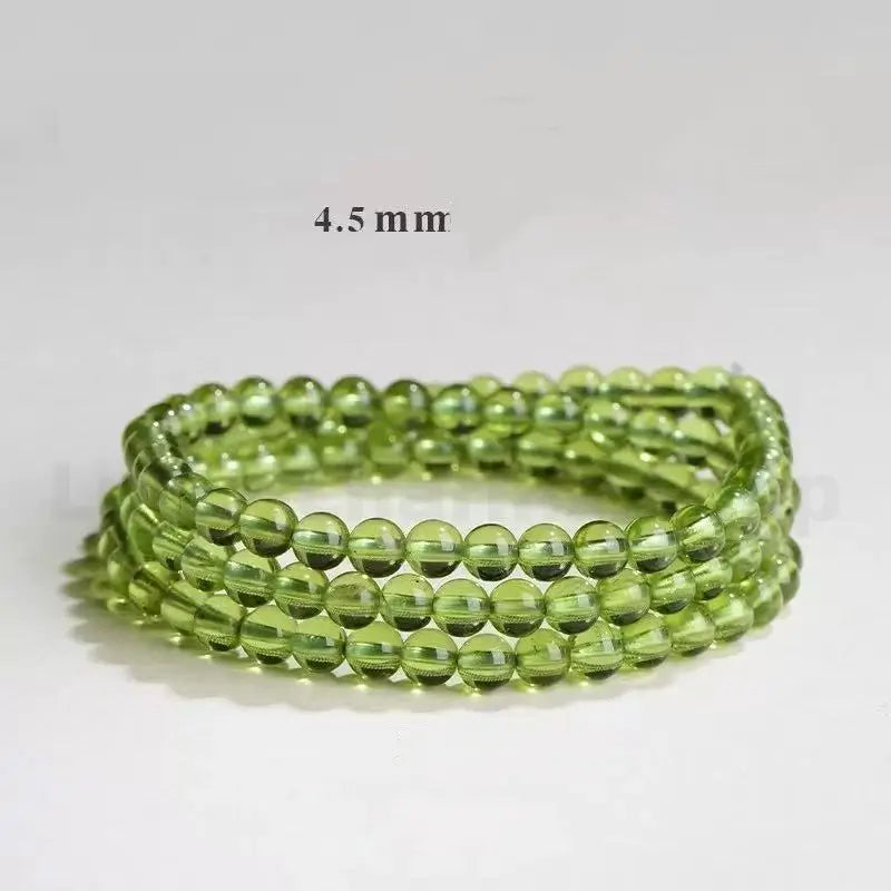 A multi-circle peridot gemstone wrap bracelet with a "4.5 mm" text overlay, showcasing the clear and glossy texture of the small beads.