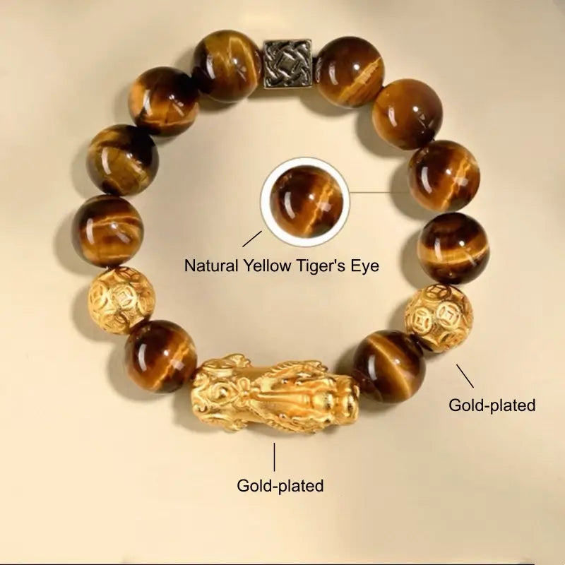 A product diagram of the feng shui protection bracelet with text overlays pointing out "Natural Yellow Tiger's Eye" and "Gold-plated" charms.