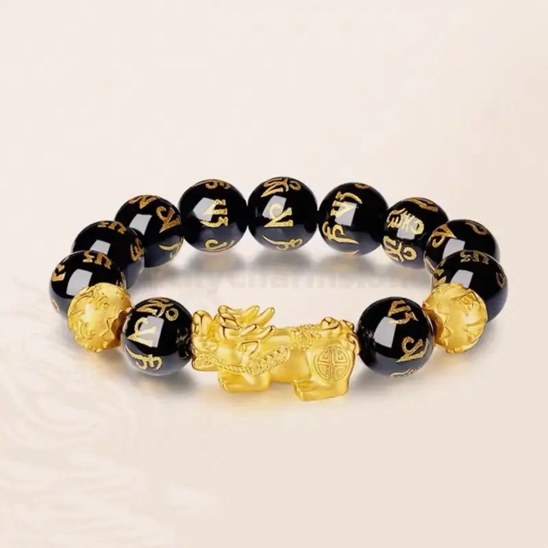 Natural Obsidian Gold-Plated Pixiu Six-Syllable Mantra Beads Bracelet-LuckyCharms.Shop