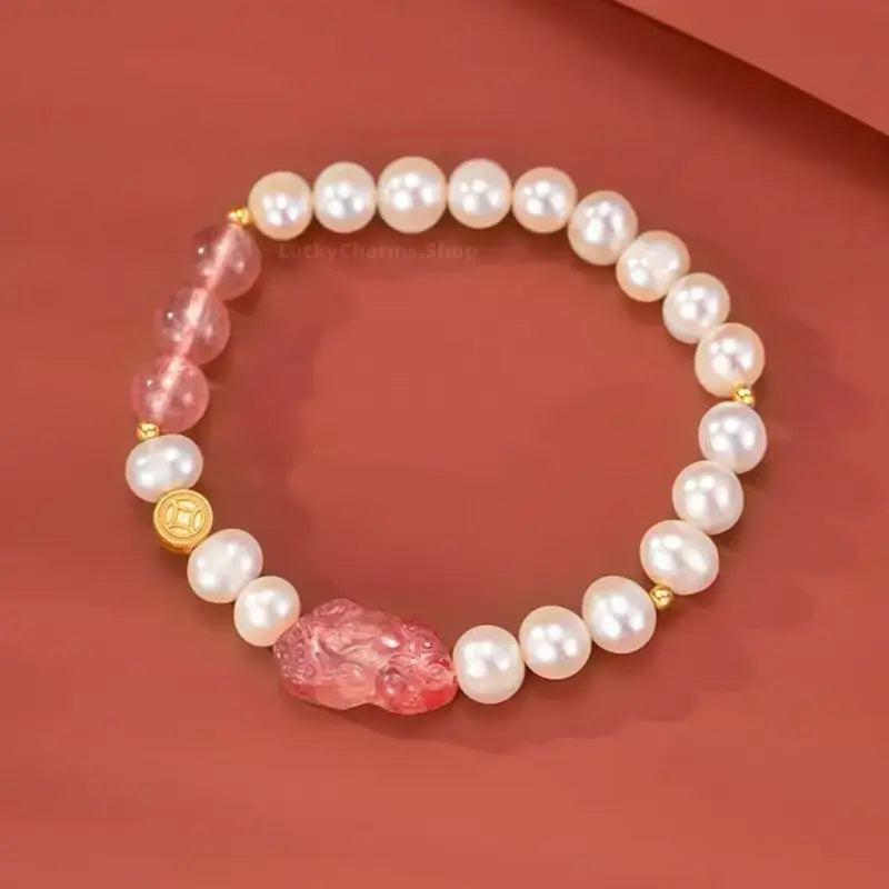 999 Silver Strawberry Quartz Pixiu Couple Bracelets | Obsidian, Pearl & Lucky Coin Beads, Elastic Design-LuckyCharms.Shop