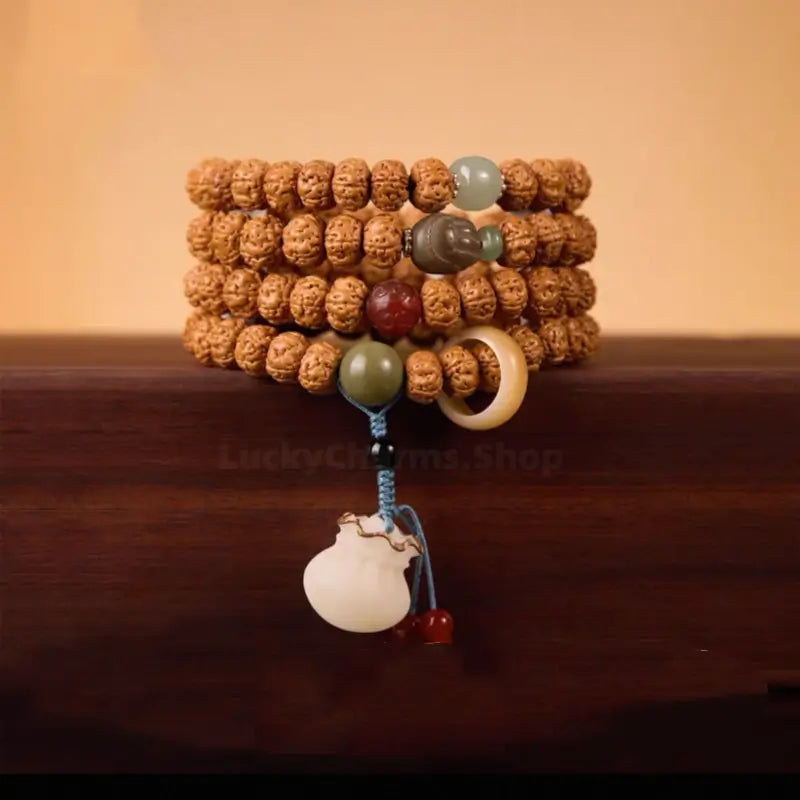 Natural Rudraksha 108-Bead Blessing Bracelet with White Jade Lotus & Money Bag Charms-LuckyCharms.Shop