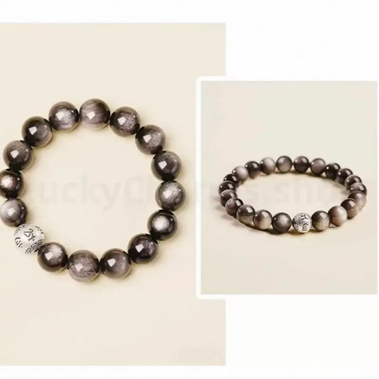 Two layout views of the natural silver obsidian crystal healing bracelet, showing silver reflections and details.