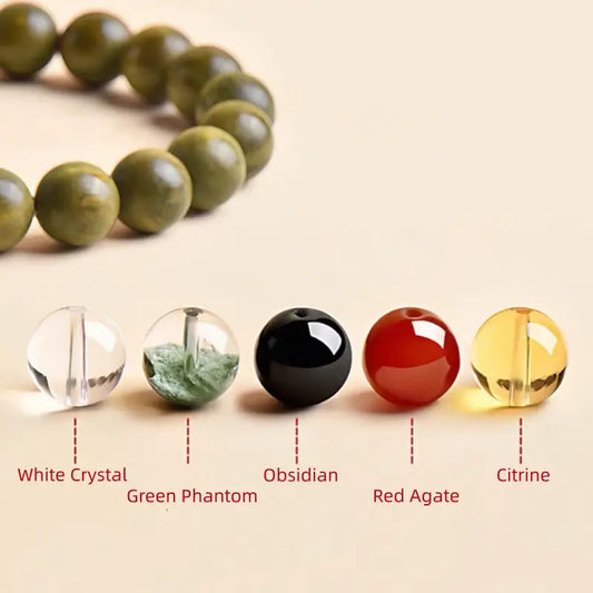 Bracelet porte-bonheur en bois de santal vert naturel béni du Mont Putuo, composé de perles des cinq éléments.