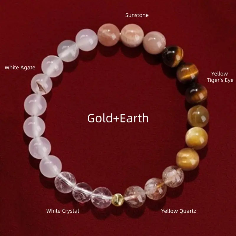 Gold and Earth element gemstone bracelet with white agate, sunstone, yellow tiger's eye, yellow quartz, and clear quartz.