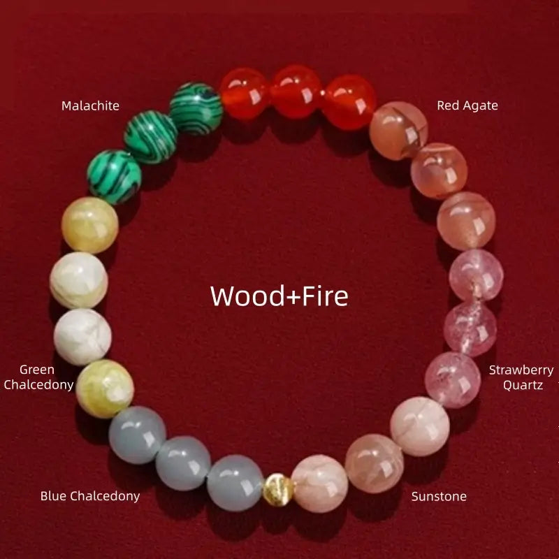 Wood and Fire element gemstone bracelet featuring malachite, red agate, strawberry quartz, sunstone, and chalcedony.