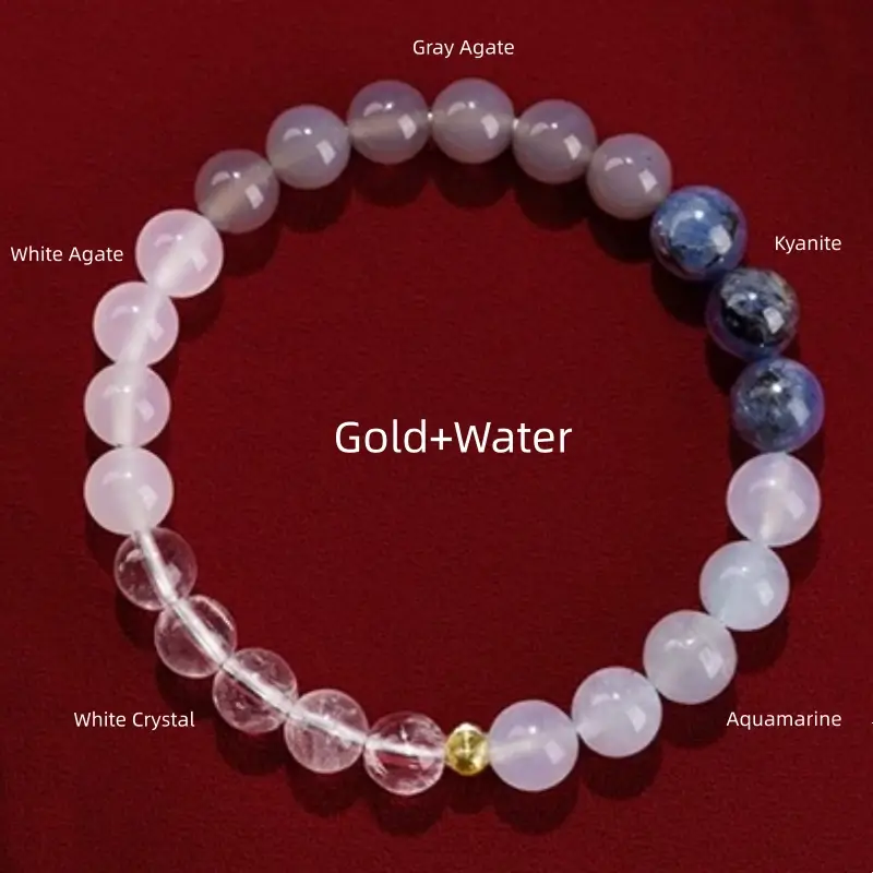 Gold and Water element gemstone bracelet featuring gray agate, kyanite, aquamarine, clear quartz, and white agate.