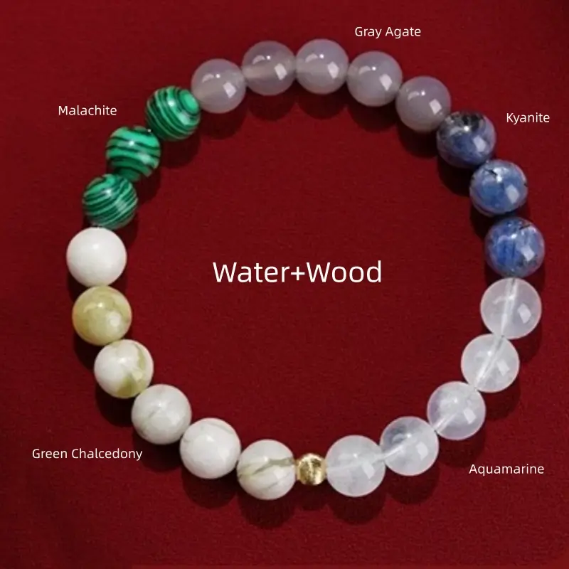 Water and Wood element gemstone bracelet featuring malachite, green chalcedony, aquamarine, kyanite, and gray agate.