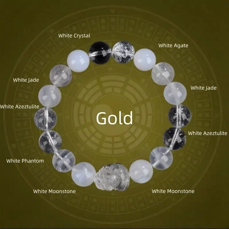 Gold element crystal bracelet diagram showcasing white moonstone, white jade, white agate, and clear quartz Pixiu.