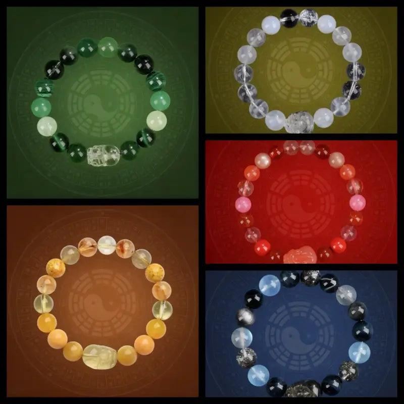 Five crystal Pixiu Five Elements balance energy bracelets displayed in a grid with distinct elemental colors.