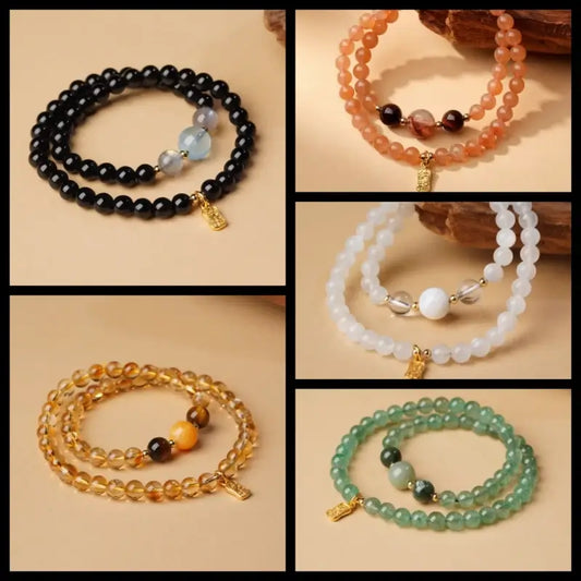 Five Elements Natural Crystal Bracelet | Double Wrap, 18K Gold Blessing Tag, Element Deficiency Balance, Healing Energy Talisman