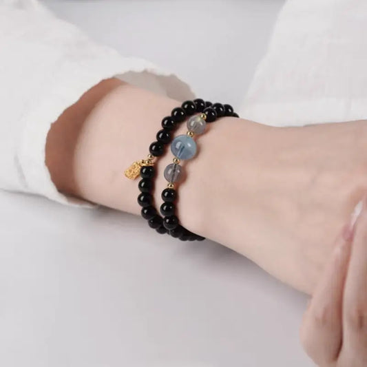 五行天然水晶ブレスレット|ダブルラップ、18Kゴールド祝福タグ、五行バランス、ヒーリングエネルギータリスマン