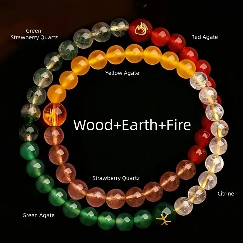 Wood earth fire elements 8mm double-strand bracelet with green strawberry quartz, yellow agate, and citrine.
