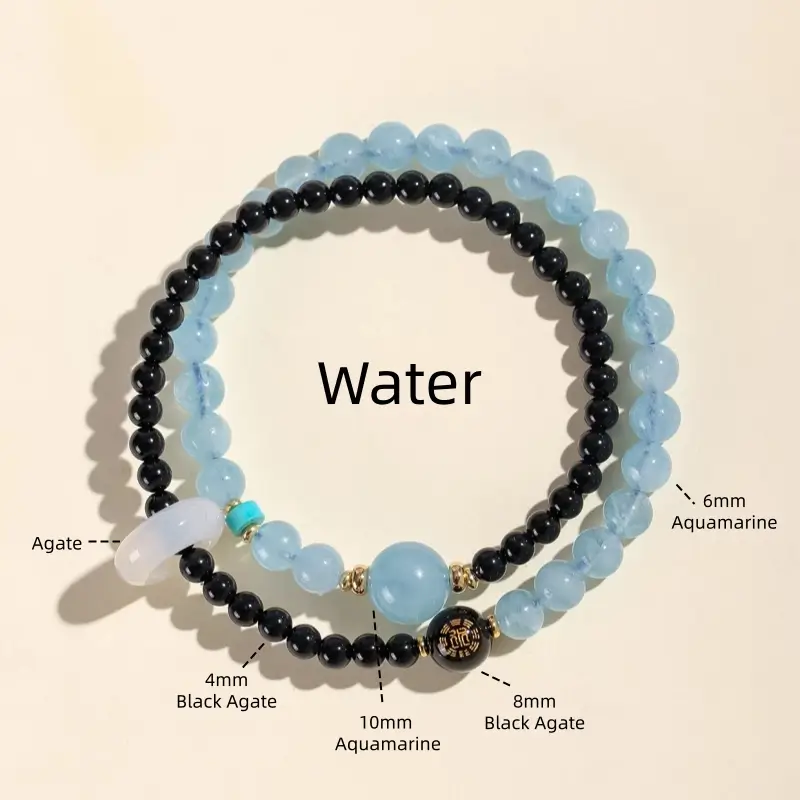 Water element double-strand bracelet with aquamarine, black agate beads, and white agate ring charm.