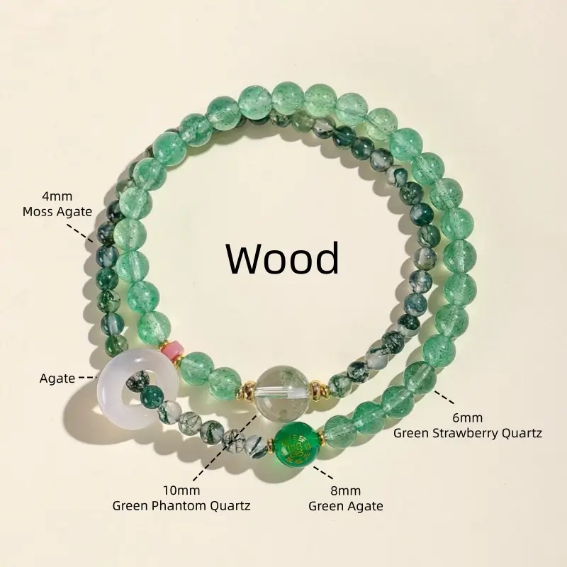 Wood element double-strand bracelet with green phantom quartz, moss agate, and green strawberry quartz.