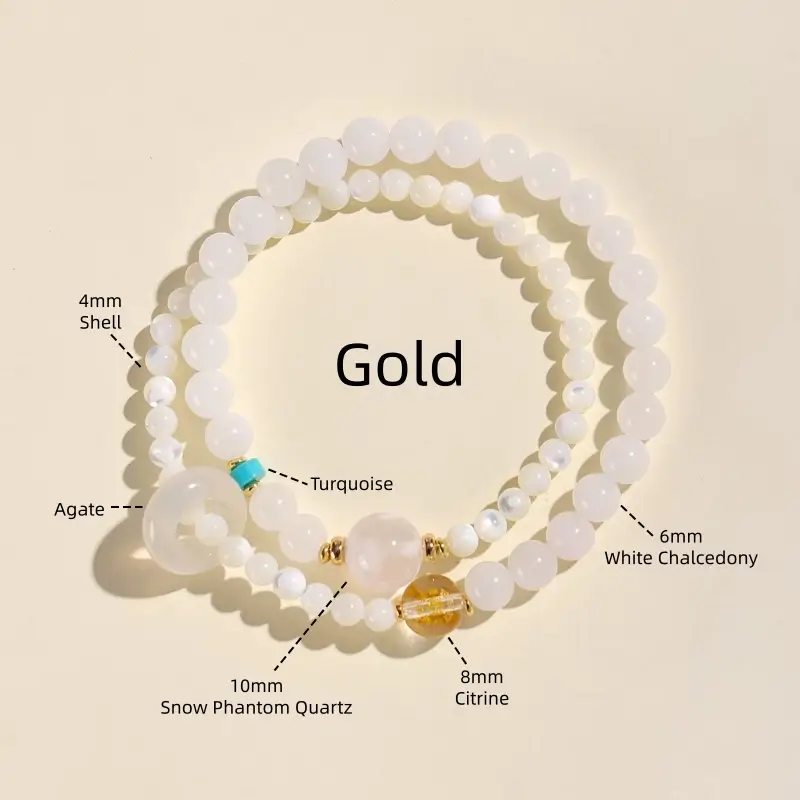 Gold element double-strand bracelet featuring white chalcedony, snow phantom quartz, shell, and citrine.
